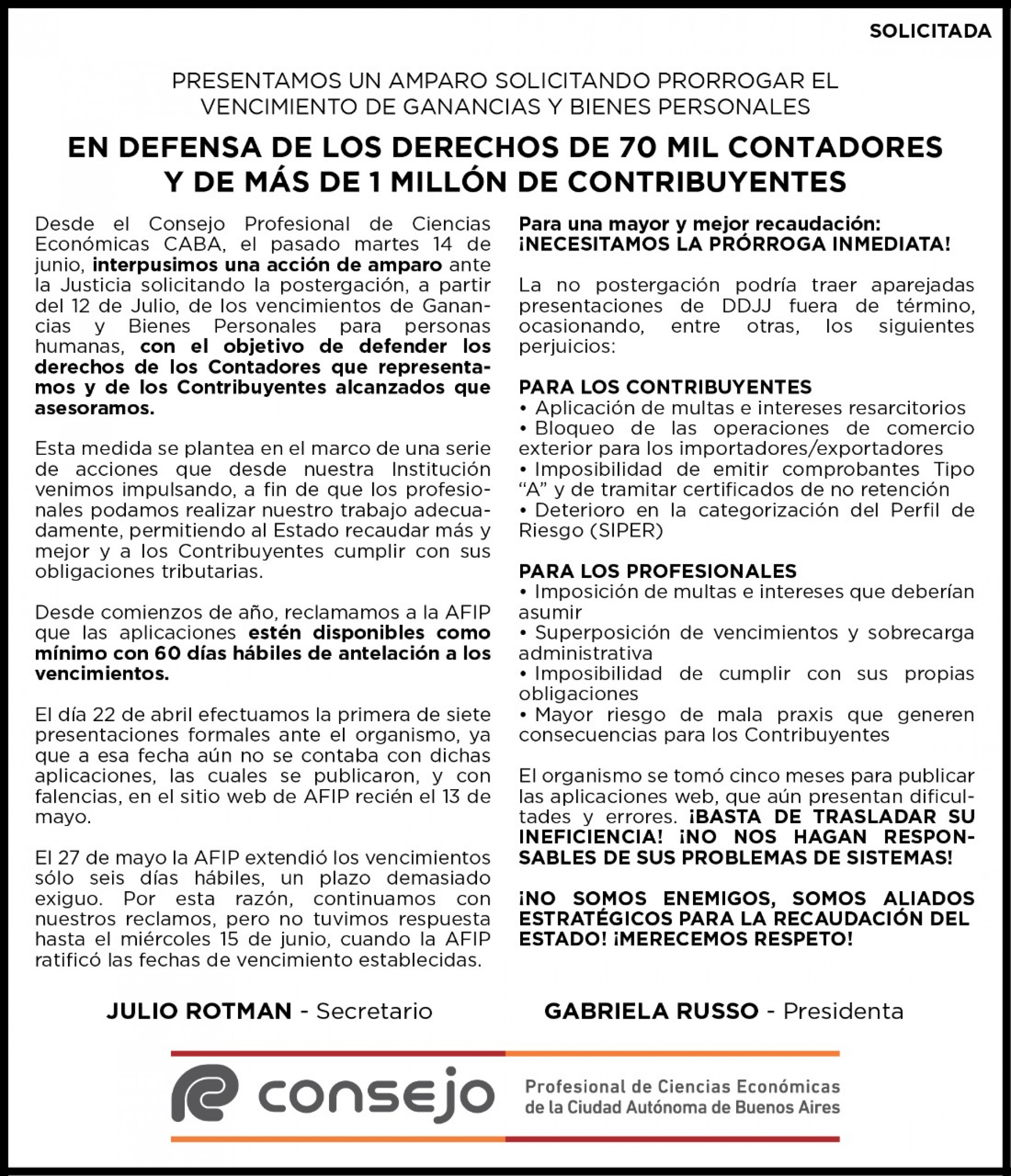 Imagen de la Solicitada publicada hoy en Clarín